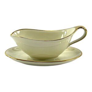 MCM Porcelain Gravy Boat Attached Underplate Cream w/ Gold Trim Bavaria Vintage